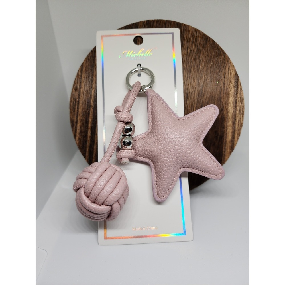 Pink‎ Star Faux Leather Woven Knot Keychain Bag Charm NWT